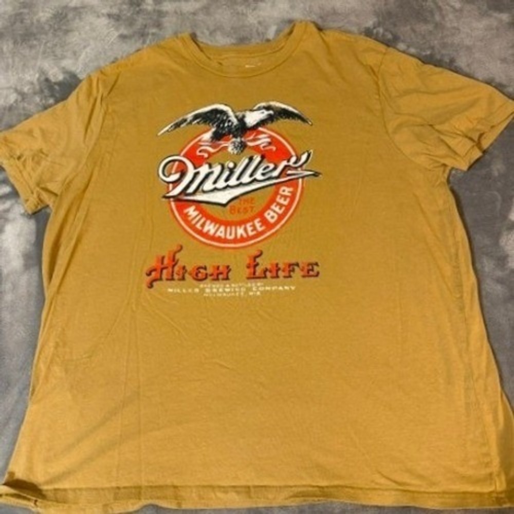 Miller High Life Beer Graphic T-Shirt Mens XXL Mustard Yellow Gold Cotton Tee